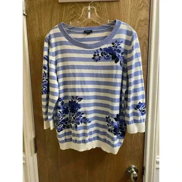 Talbots Womens Blue & White 3/4 Sleeve Striped Floral Knit Sweater Plus Size 1X - Picture 1 of 9